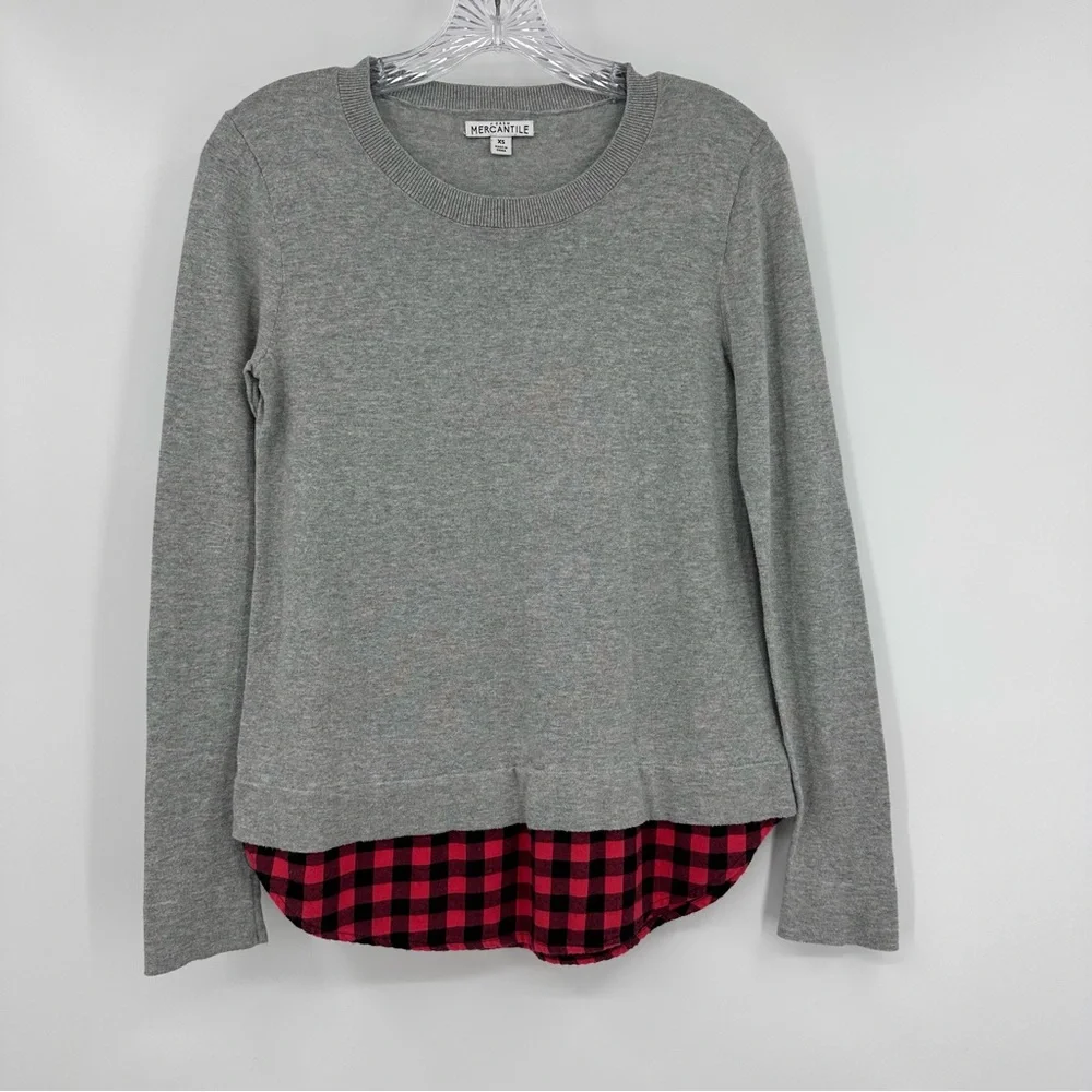 J. Crew Mercantile Long Sleeve Sweater Buffalo Plaid Hem Gray Size XS